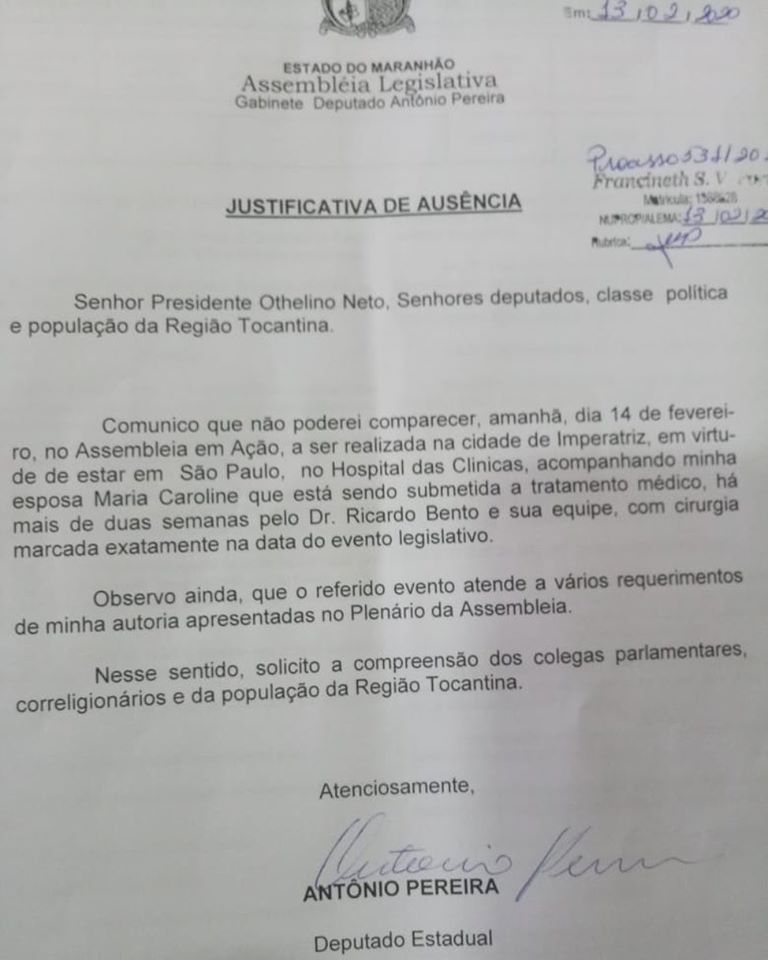 No documento, o parlamentar justifica ausência no evento realizado em Imperatriz, nesta sexta-feira 