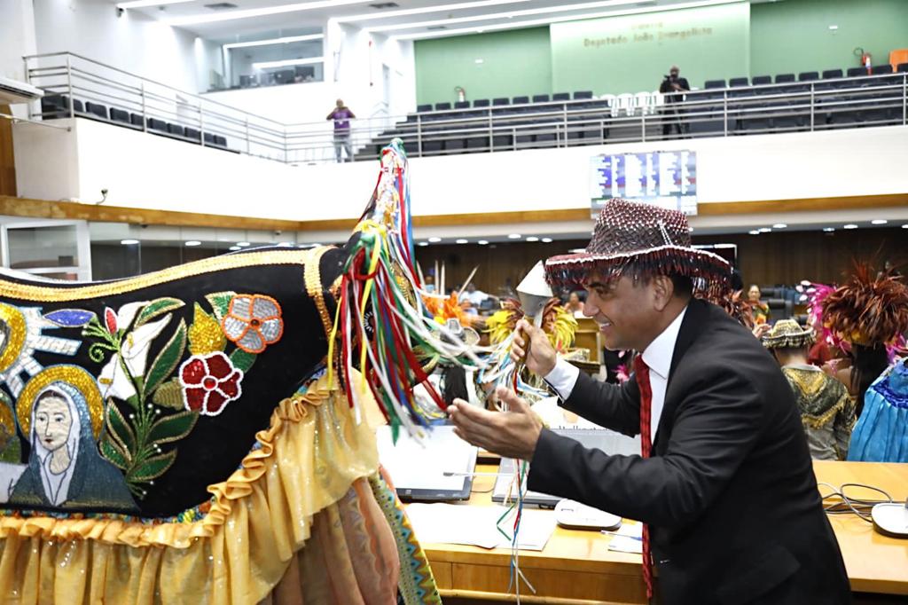 Deputado Wellington do Curso, autor da proposta, cortejando o Boi da Lua, homenageado na sessão solene 