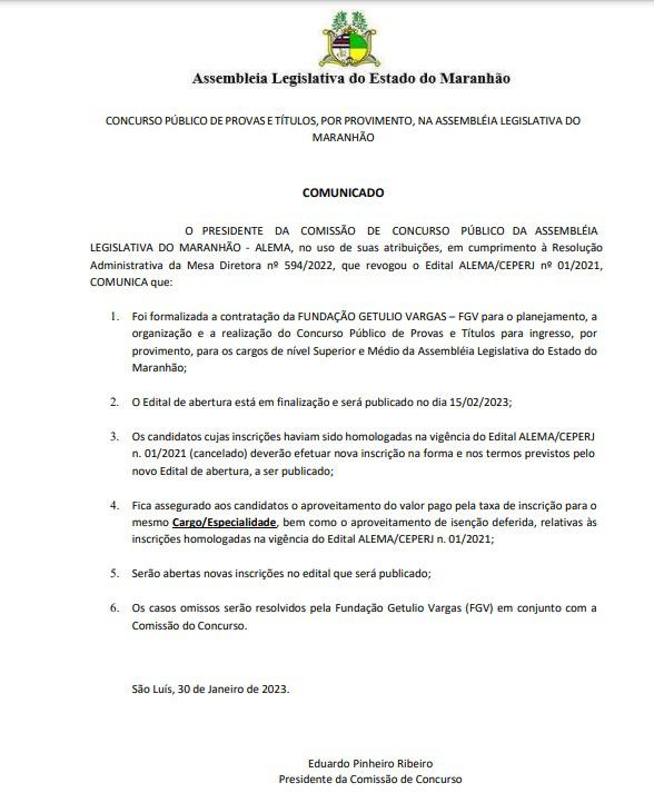 Concurso - Assembleia formaliza contratação da banca FGV e marca divulgação do edital para 15 de fevereiro