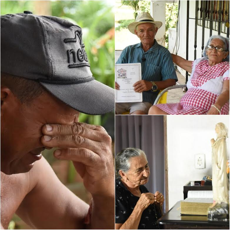 Bajaco chora ao lembrar da ocupação da fazenda; dona Maria de Lourdes ora pedindo paz na região e ao lado da esposa Socorro, Alamilo mostra o título de propriedade registrado em cartório